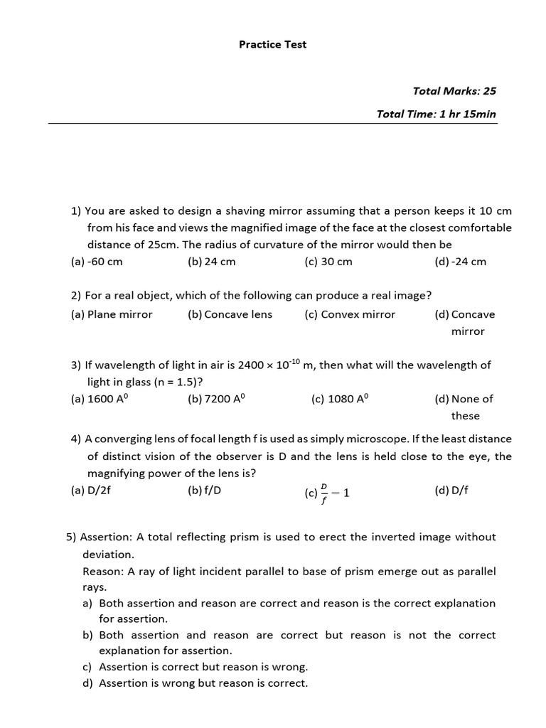 Practice Test - Ray Optics 2 | PDF | Atomic | Glass Engineering And Science