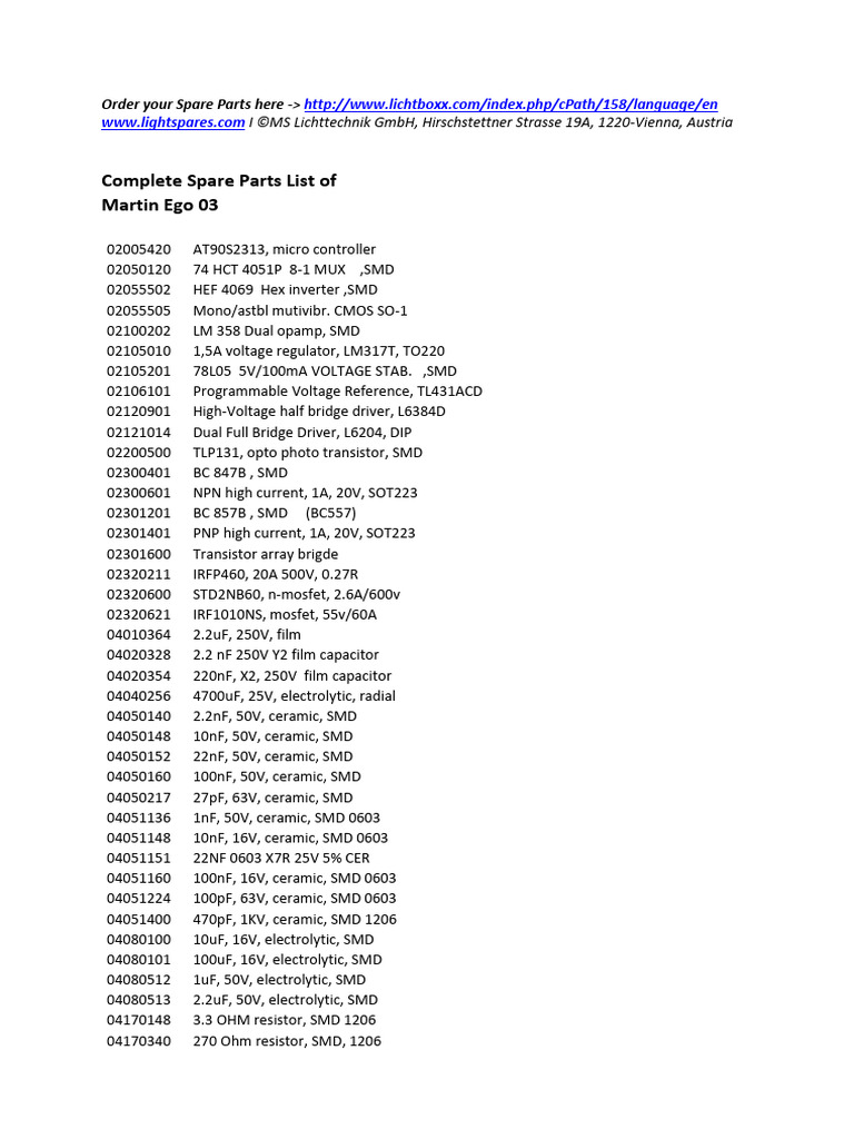 Martin Ego 03 Spare Parts List | PDF | Resistor | Electrical Engineering