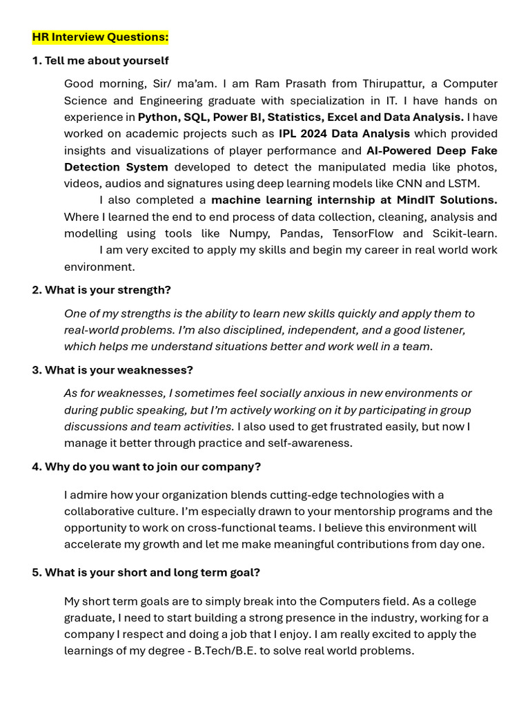 Essential HR Interview Questions Guide | PDF | Cognitive Science | Learning