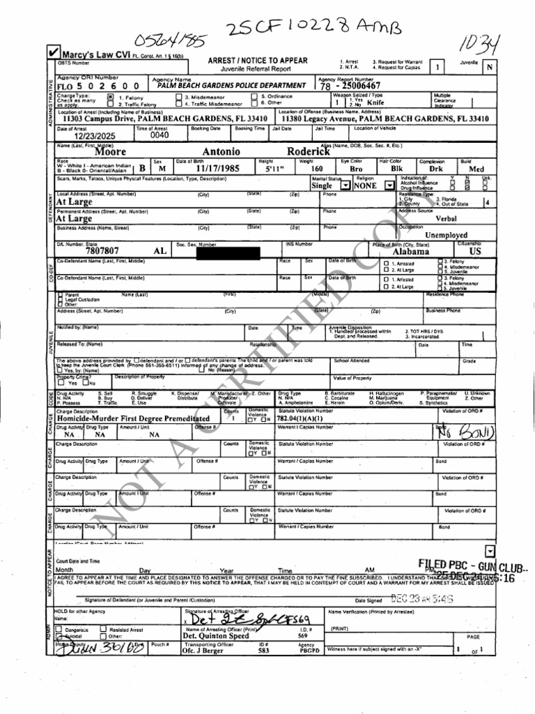 Arrest Report: Homicide Case of Antonio Moore | PDF | Arrest Warrant ...