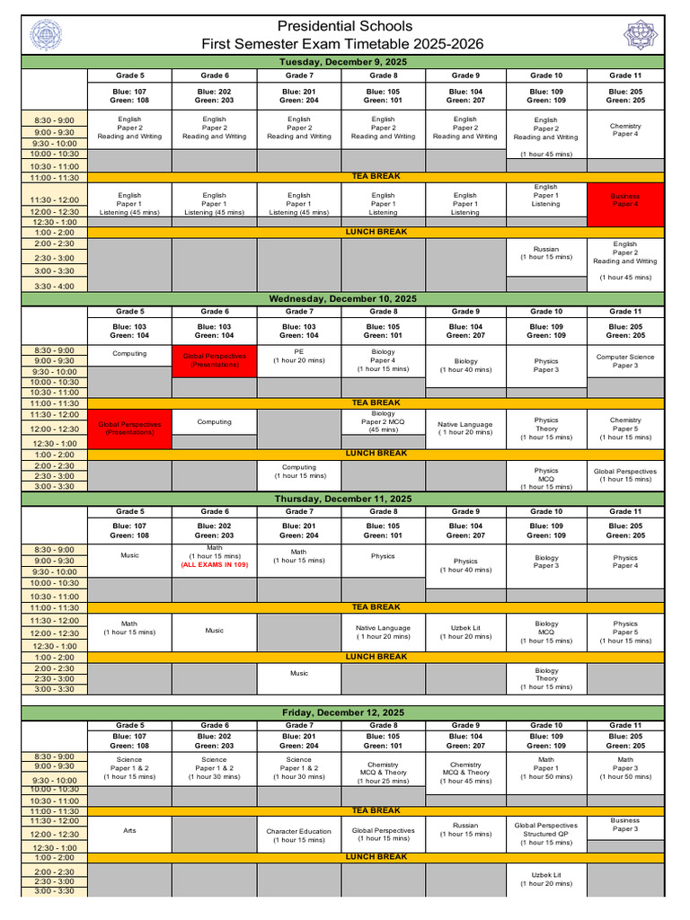 2025-2026 Exam Timetable for Grades 5-11 | PDF