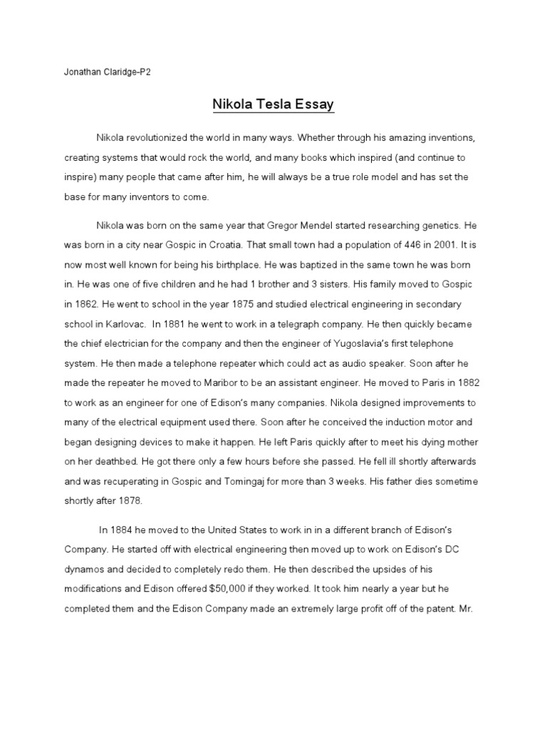 Nikola Tesla Essay | Nikola Tesla | Science & Mathematics