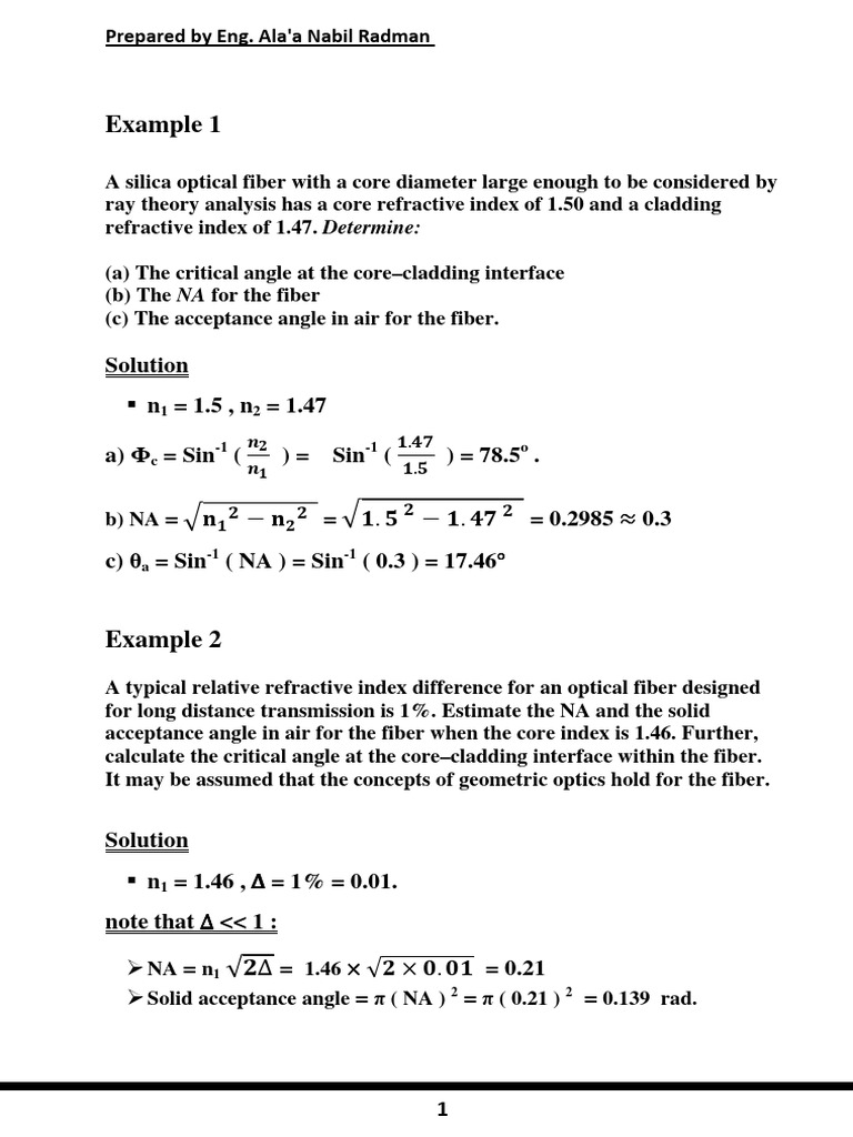 Optical Fiber Calculations and Examples | PDF | Optical Fiber | Atomic