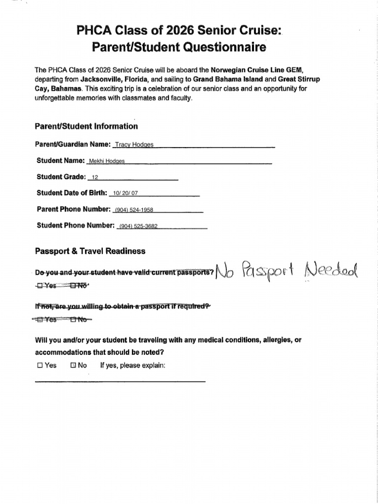 Questionnaire For Senior Cruise | PDF