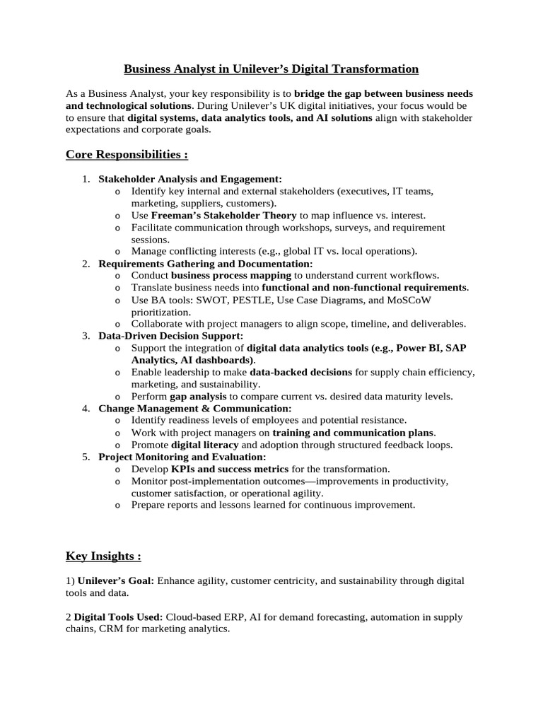 Unilever Digital Transformation Analyst Role | PDF | Agile Software ...