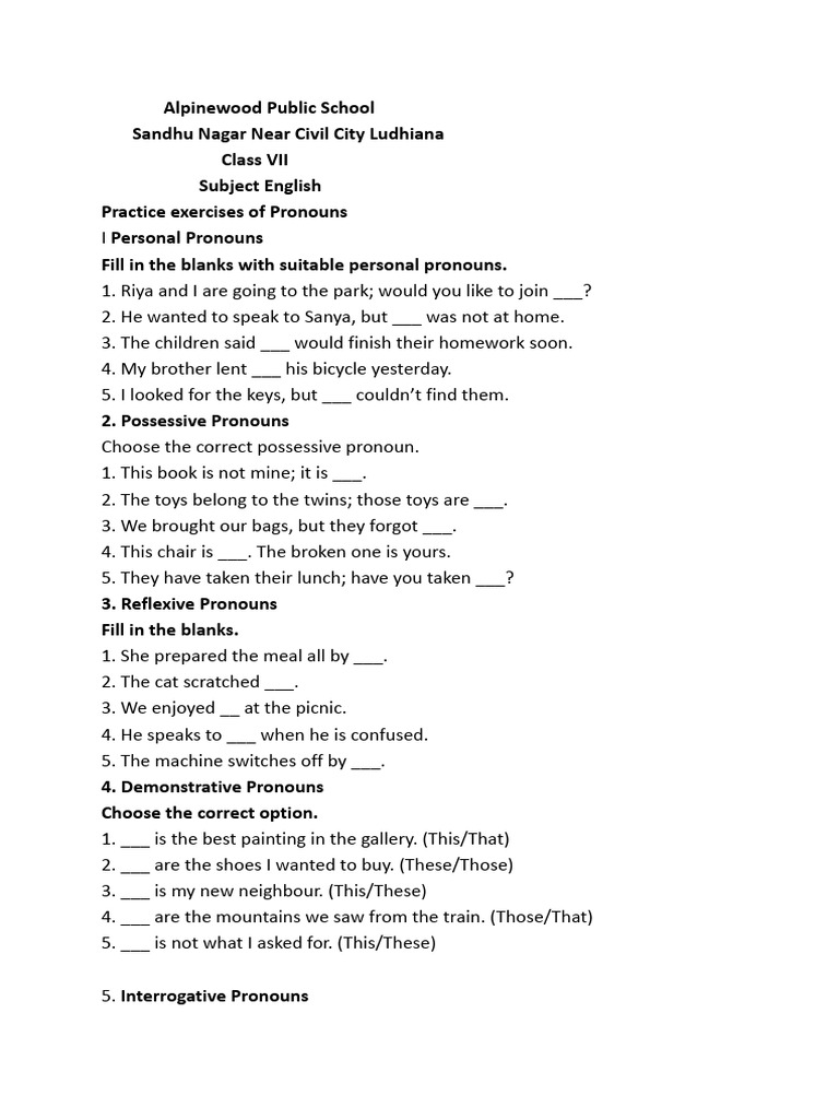 Pronouns Practice Exercises for Class VII | PDF