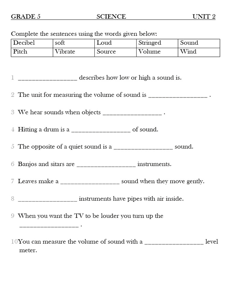Grade 5 Science: Sound Concepts Worksheet | PDF | Sound | String ...