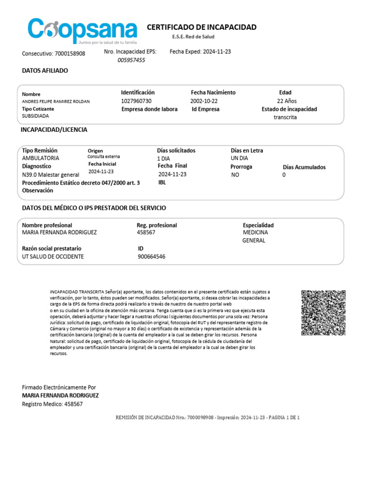 Certificado de Incapacidad EPS 2024 | PDF