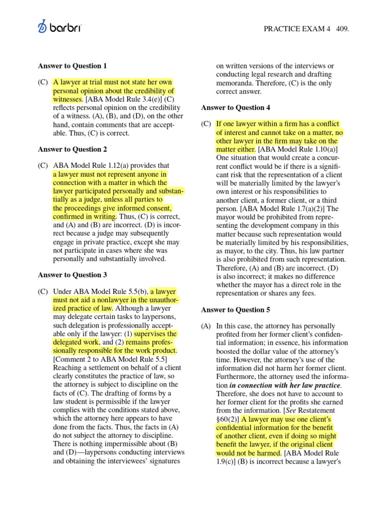 ABA Model Rules Practice Exam Answers | PDF | Lawyer | Conflict Of Interest