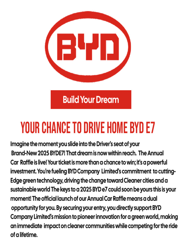 Win a 2025 BYD e7 in Our Raffle! | PDF | Electric Vehicle | Transport