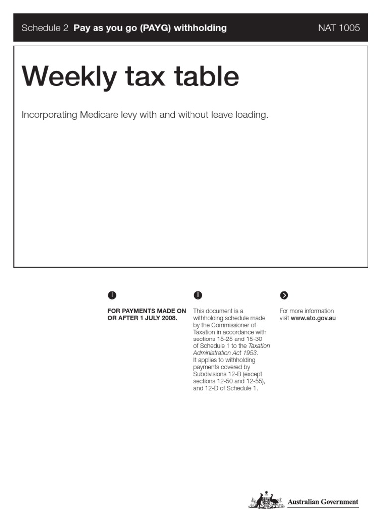 Weekly Tax Table Pay As You Go (PAYG) Withholding PDF Withholding