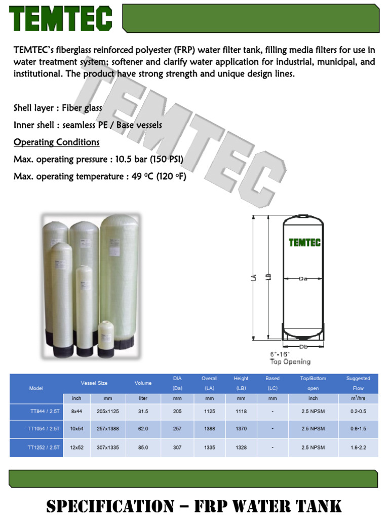 FRP Water Tank Specifications Guide | PDF