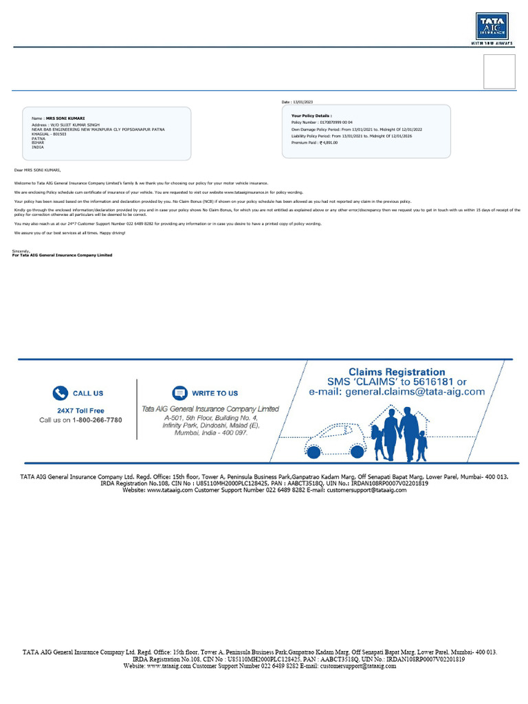 Tata AIG Motor Insurance Policy Details | PDF | Insurance | Deductible