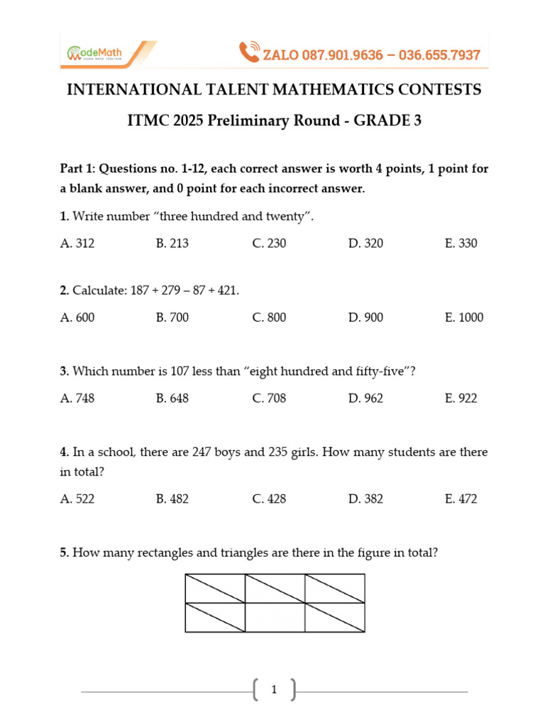 ITMC 2025 Grade 3 Math Questions | PDF | Subtraction | Numbers