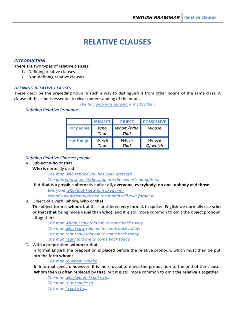Understanding Relative Clauses in English | PDF | Subject (Grammar ...