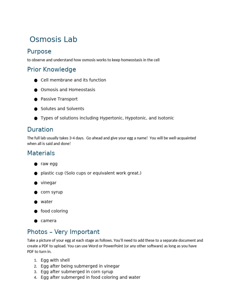 Unit 4 Lab Egg Osmosis | PDF | Osmosis
