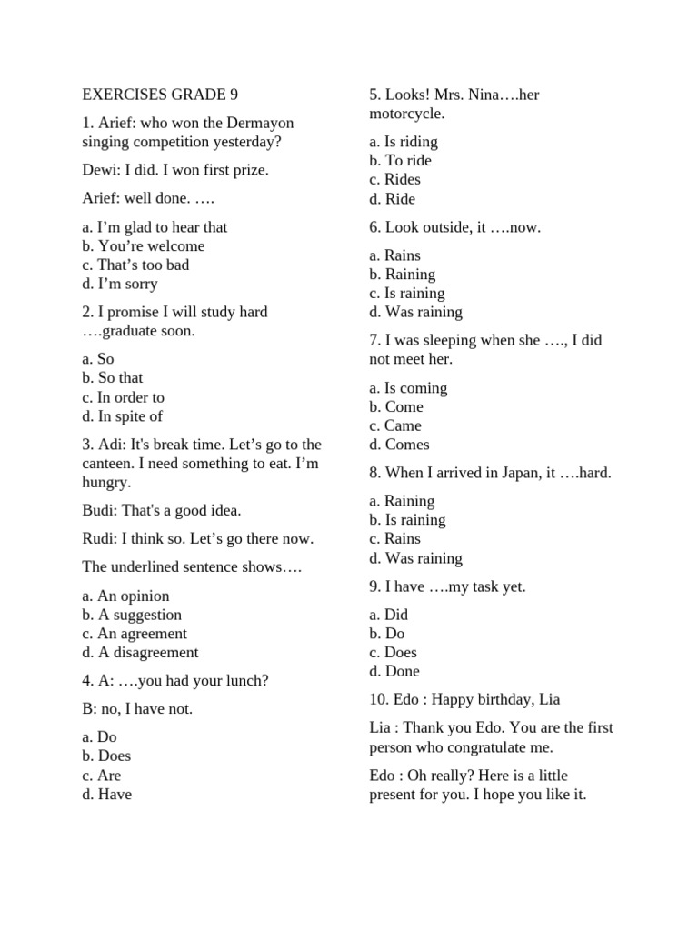 Exercises Grade 9 | PDF
