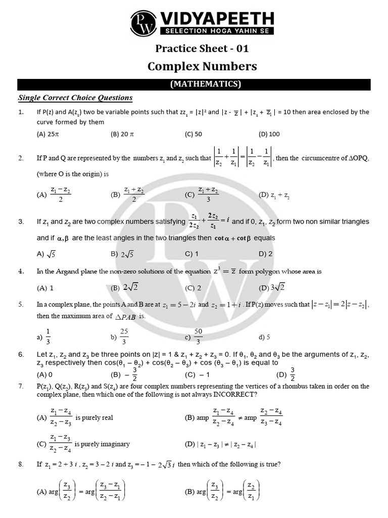 Complex Numbers Practice Questions | PDF | Complex Number | Circle