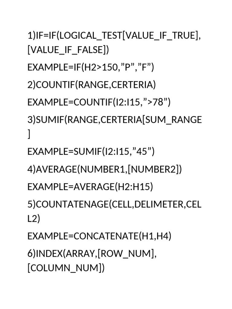 Excel Functions and Examples Guide | PDF
