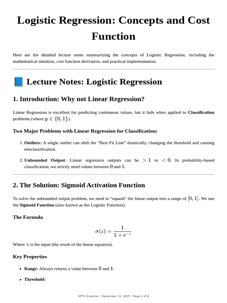 Logistic Regression_ Concepts and Cost Function | PDF | Logistic ...