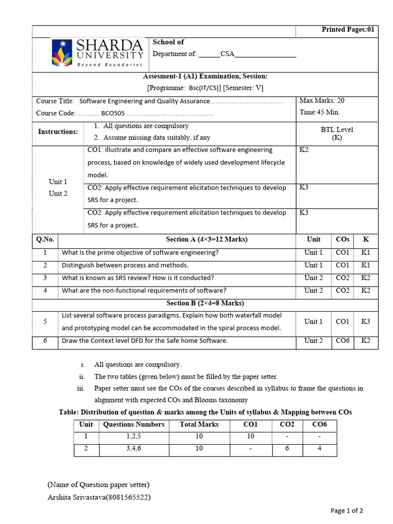 Software Engineering Exam Question Paper | PDF | Information Technology ...