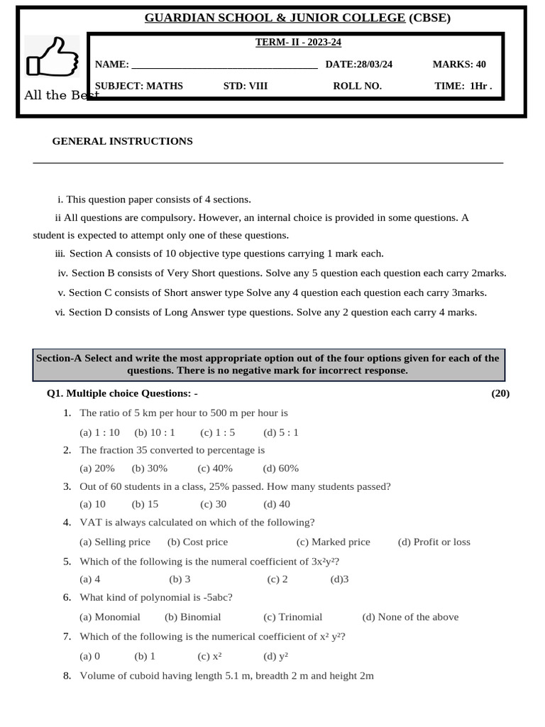 Class 8 Maths Exam Paper 2023-24 | PDF | Area | Algebra