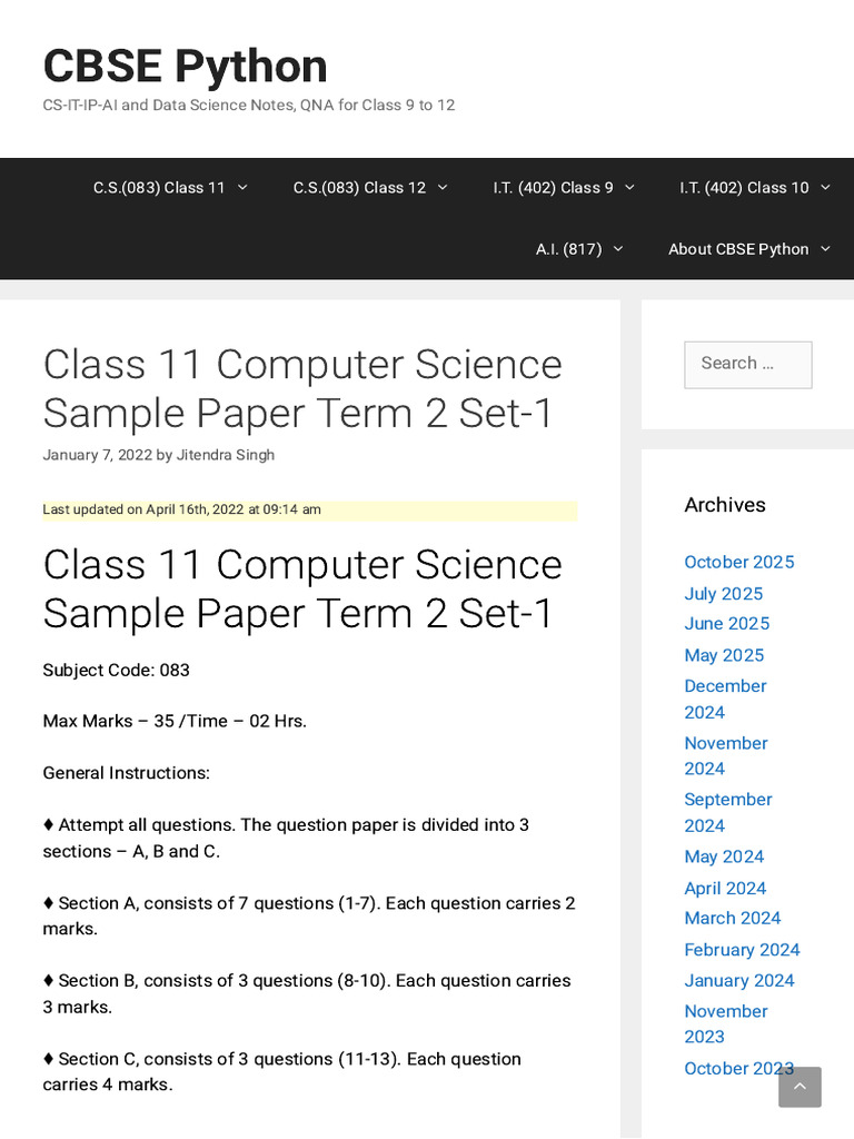 Class 11 Computer Science Sample Paper | PDF | Computer Virus ...
