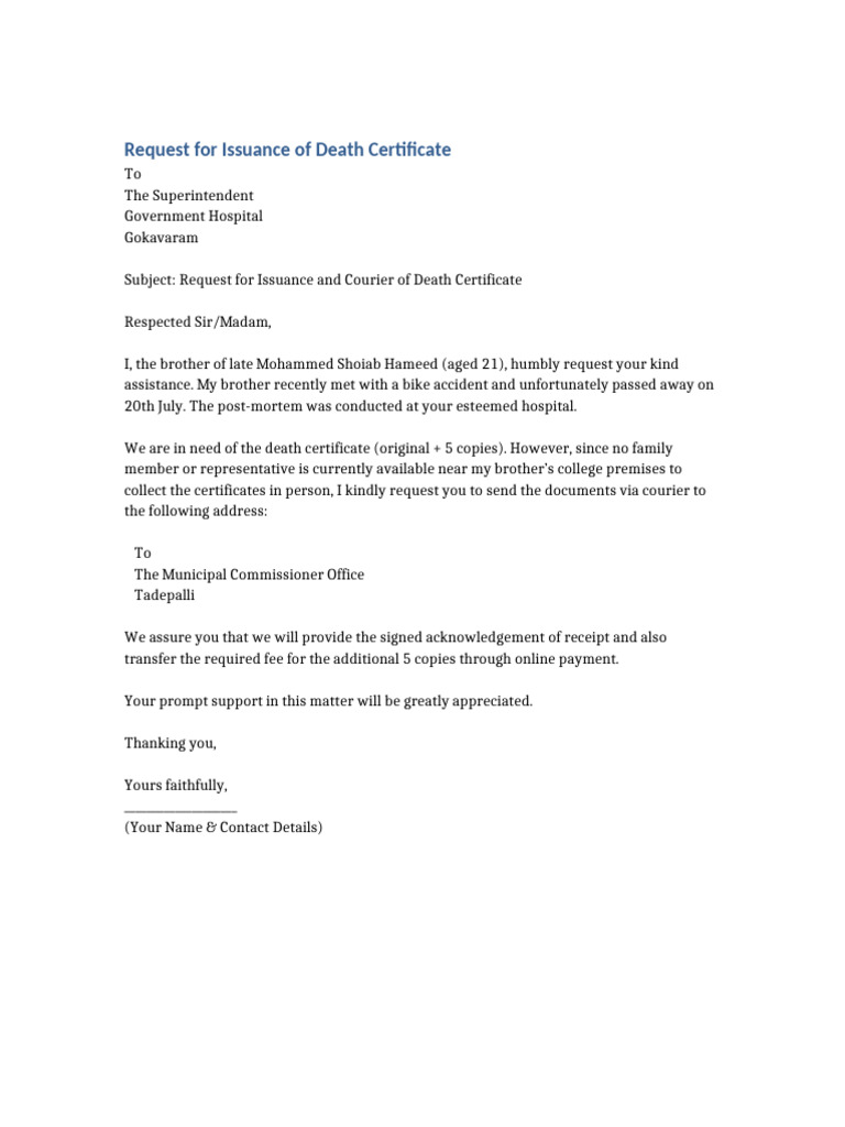Death Certificate Request Letter | PDF