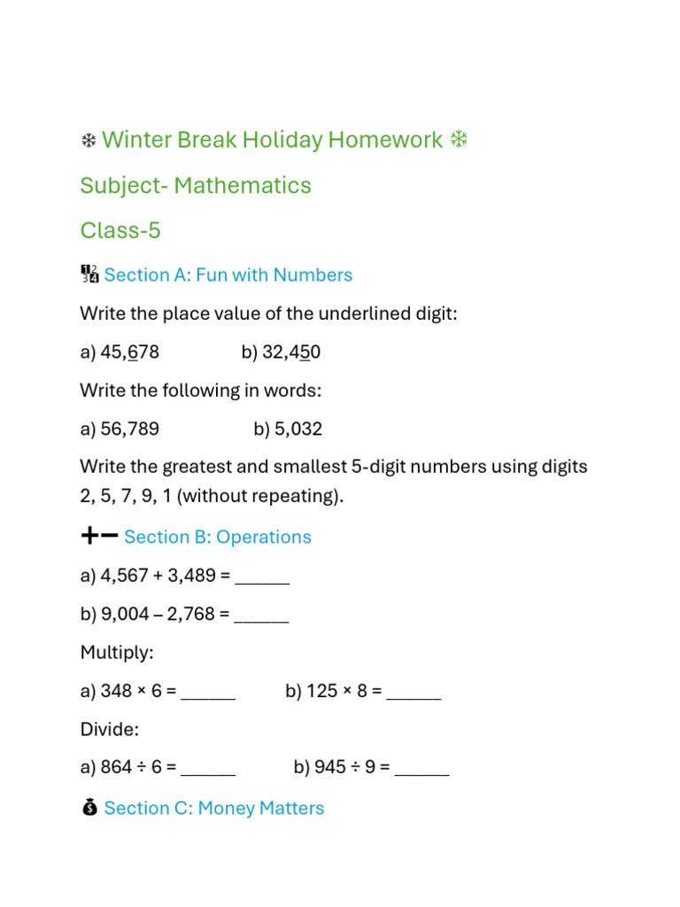 Class 5 Winter Math Homework | PDF