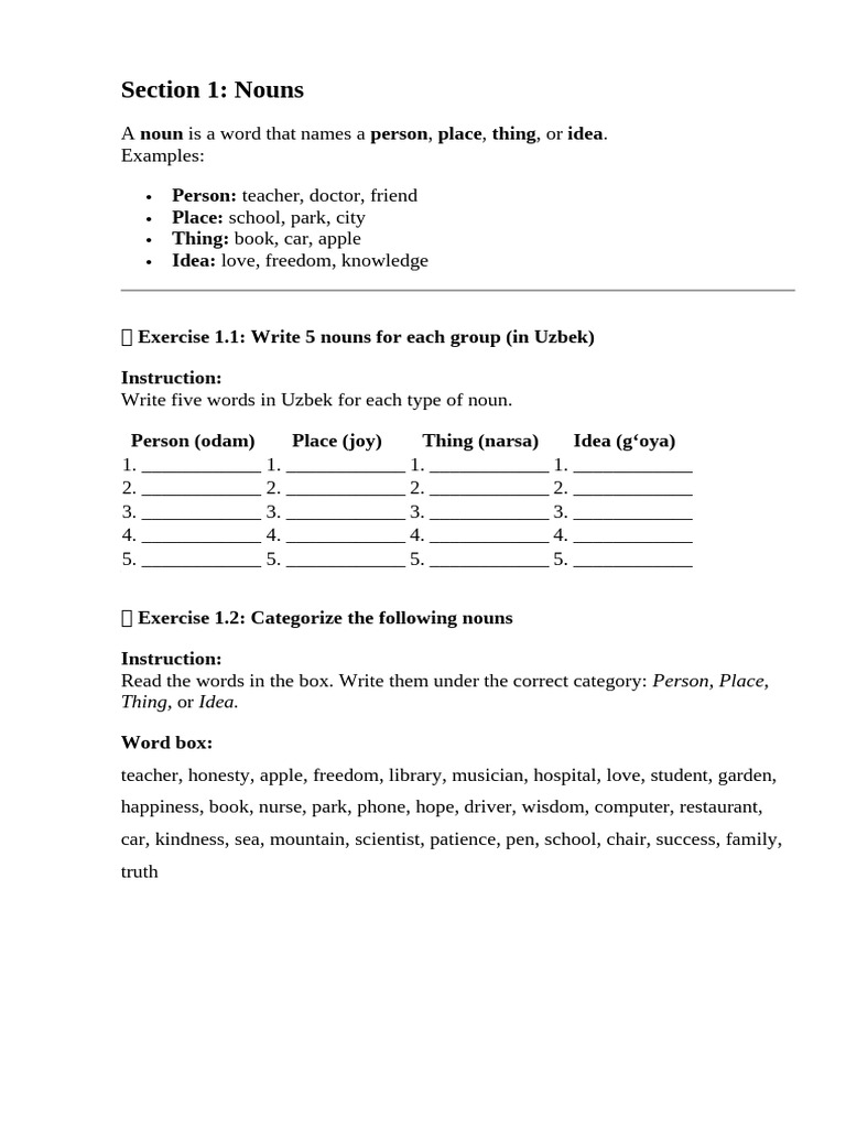 Noun, Adjective, and Pronoun Exercises | PDF | Adjective | Verb