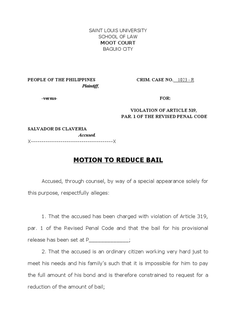 Motion to Reduce Bail Bond