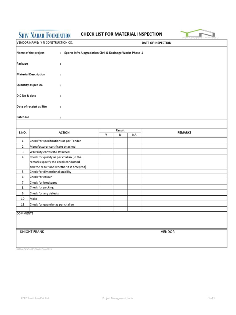 Material Inspection Checklist for Sports Infra | PDF