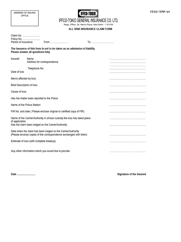 All Risk Insurance Claim Form | PDF