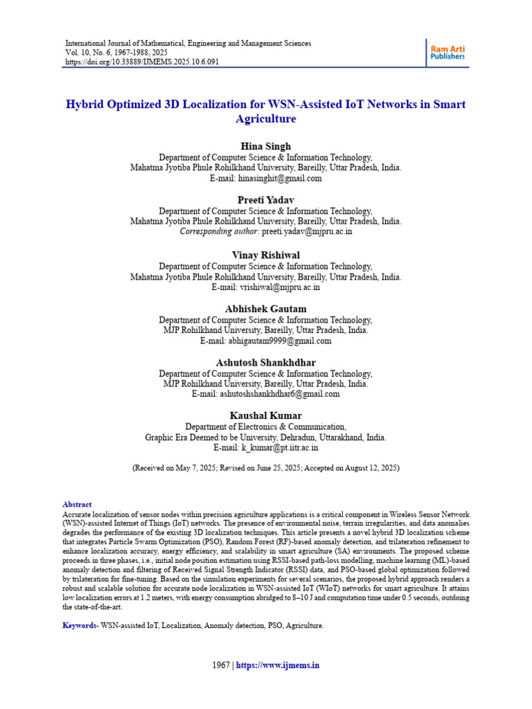 Hybrid 3D Localization for Smart Agriculture | PDF | Wireless Sensor ...