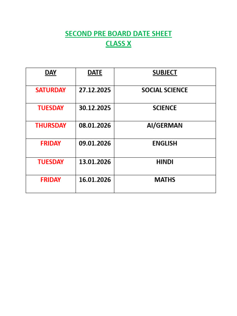Second Pre Board Date Sheet x | PDF