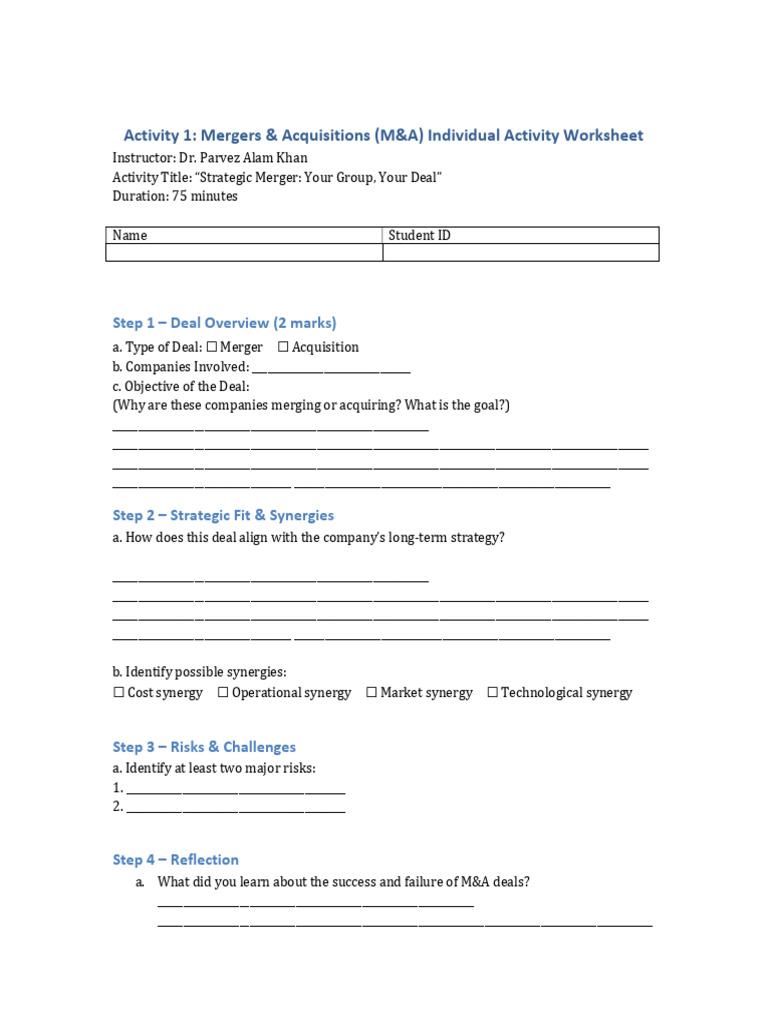 M&A Individual Activity Worksheet | PDF | Mergers And Acquisitions ...