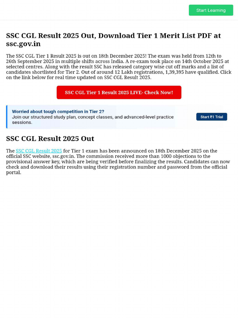 SSC CGL Result 2025 Out, Download Tier 1 Merit List PDF at SSC - Gov.in ...