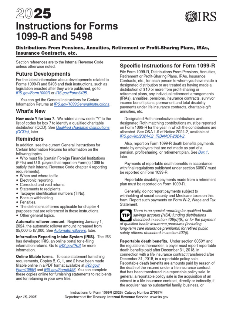 Instructions For Forms 1099-R and 5498 | PDF | Individual Retirement ...