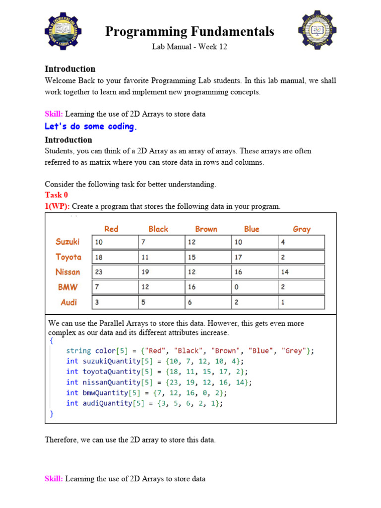 2D Arrays Programming Lab Manual | PDF | Computer Programming | Matrix ...