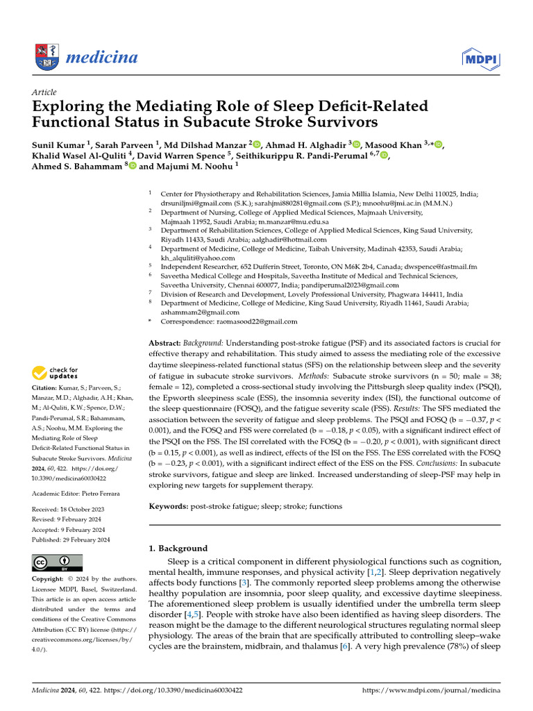 Exploring The Mediating Role of Sleep Deficit-Related Functional Status ...