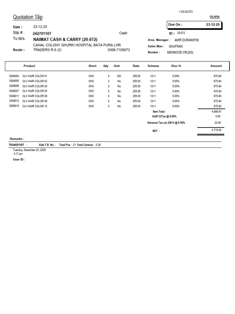 Quotation for OLV Hair Color Products | PDF