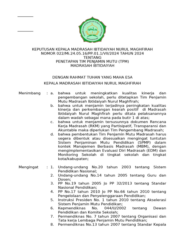 Penetapan Tim Penjamin Mutu MI Nurul Maghfirah | P…