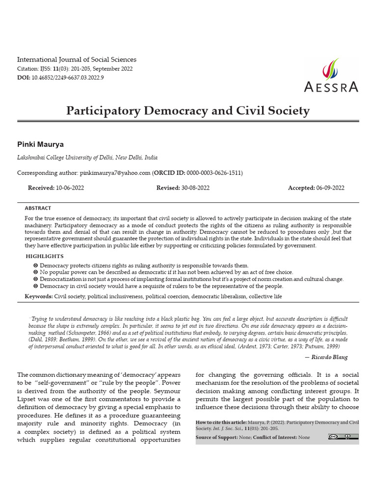 Participatory Democracy and Civil Society | PDF | Democracy | Political ...