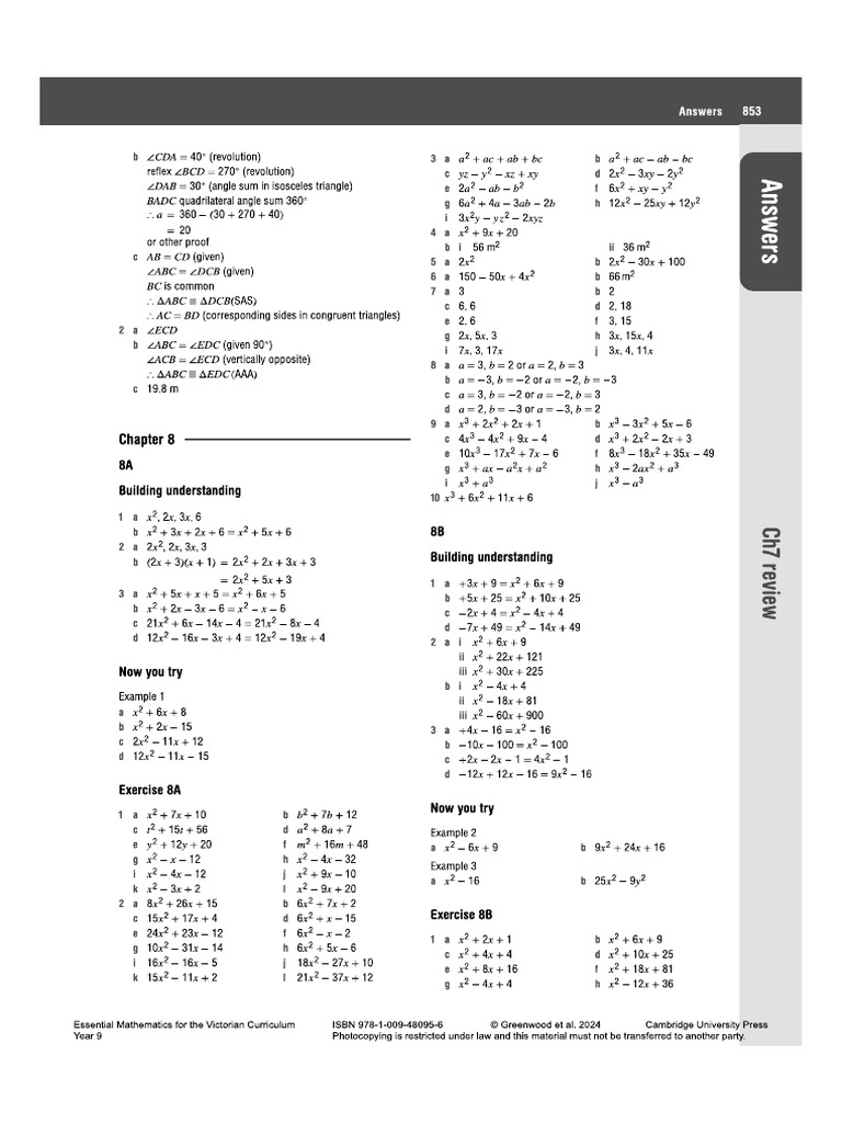 (Yr9 TB) Jacaranda Ex8A-8F Answers | PDF