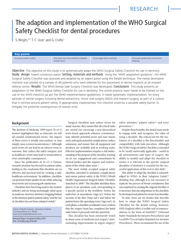 Adapting WHO Surgical Checklist for Dentistry | PDF | Dentistry | Surgery