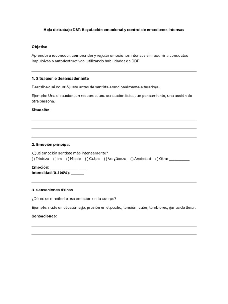 Hoja de trabajo DBT para regular emociones | PDF | Las emociones ...
