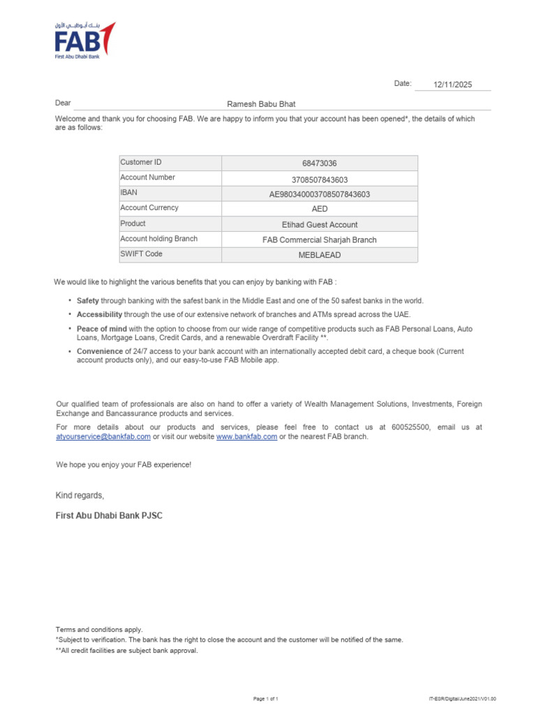 FAB Account Opening Confirmation | PDF | Banks | Money