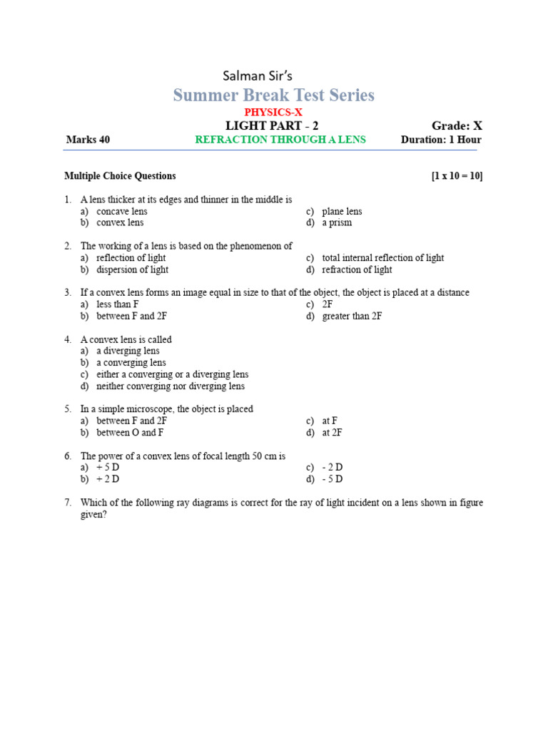 Physics Test: Refraction & Lenses | PDF | Glass Engineering And Science ...