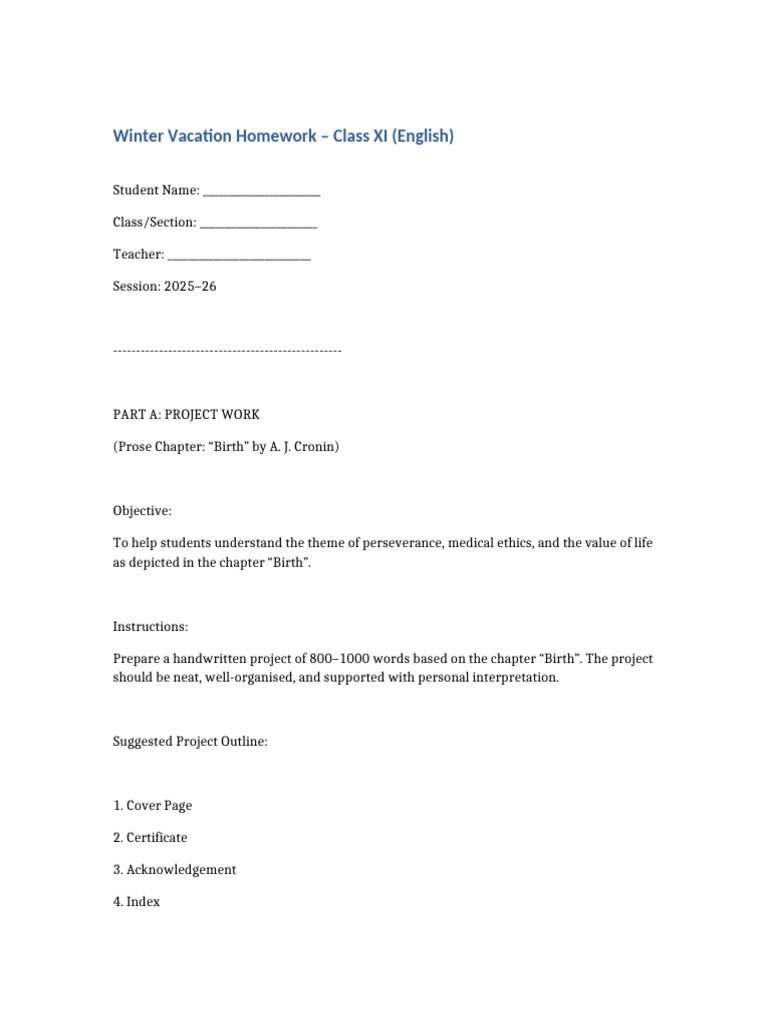 Class XI Winter Vacation Homework Guide | PDF