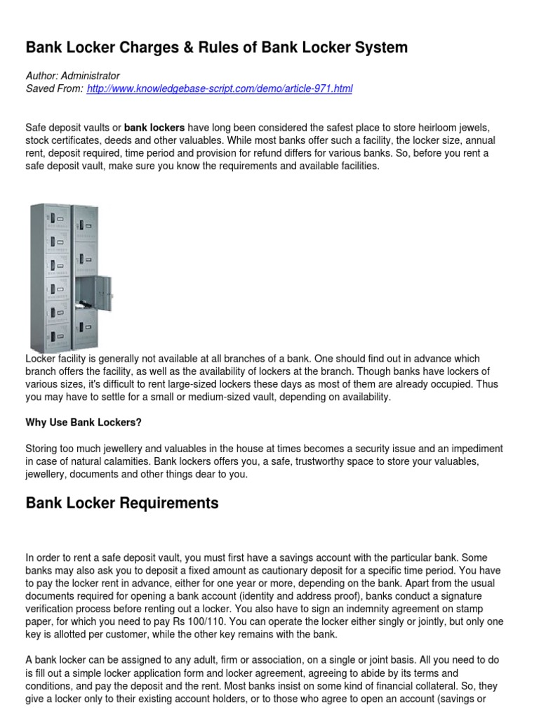 Bank Locker Rules & Charges Renting Banks